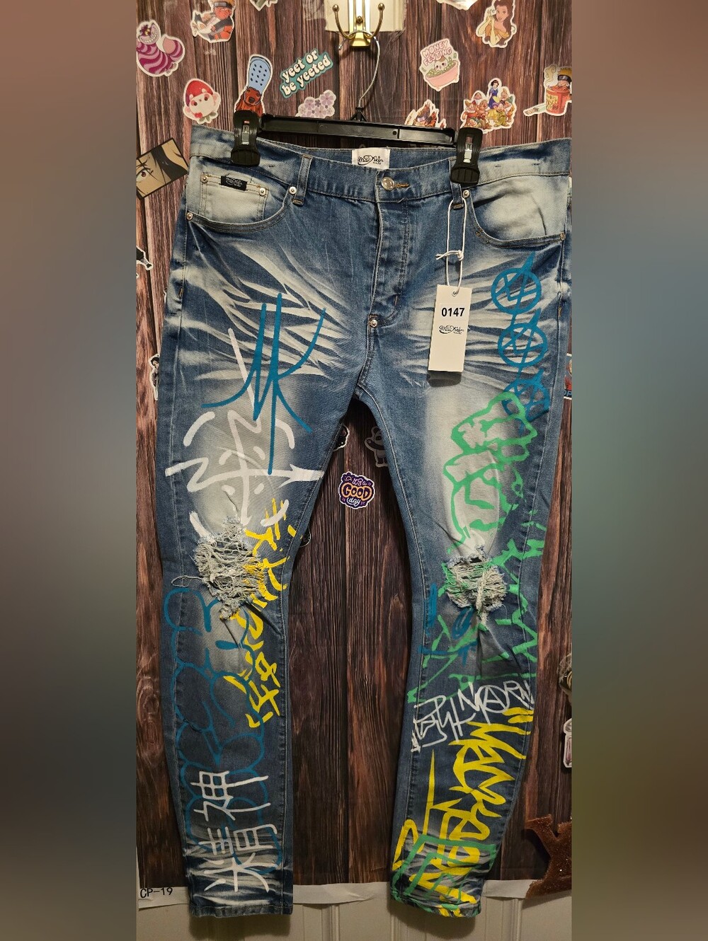 MACKEEN Blue Distressed Graffiti Jeans